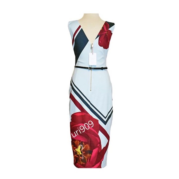 TED BAKER LONDON KAETII FLOWERED LATTICE BODYCON DRESS WITH LEATHER BELT - Picture 2 of 6